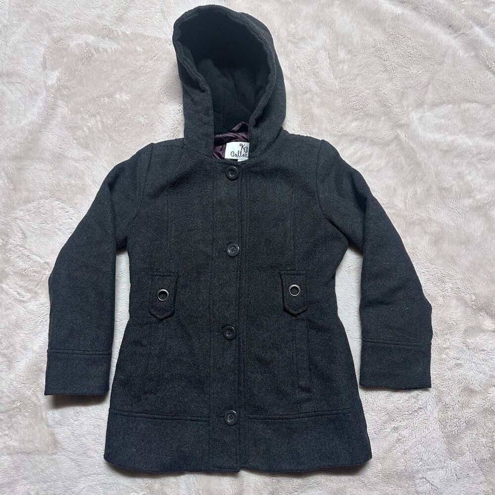 KC Collections Girls Size 7 Charcoal Gray Wool Blend Hooded Winter Coat